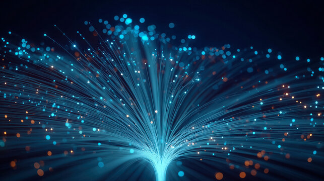Fiber optics network with glowing light particles for big data technology visualization banner