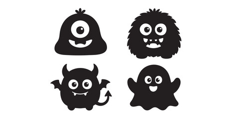 Fototapeta premium Black Silhouette Set of Four Cute Cartoon Monster Characters
