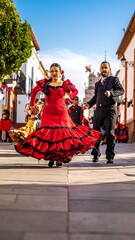 Naklejka premium Flamenco dancers performing on street with vibrant red dress and black suit