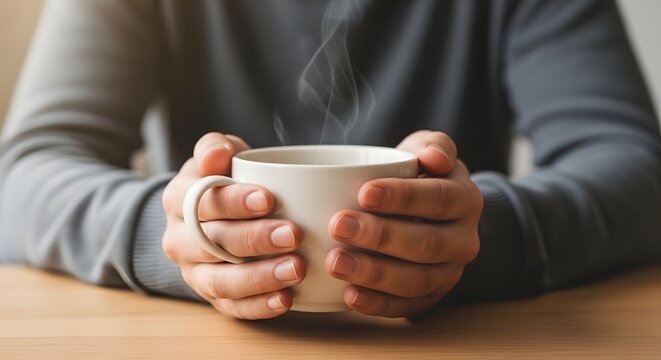 Person holding a warm ceramic cup of tea with steam rising