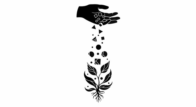 Hand sowing geometric shapes to grow a plant, symbolizing creativity and growth