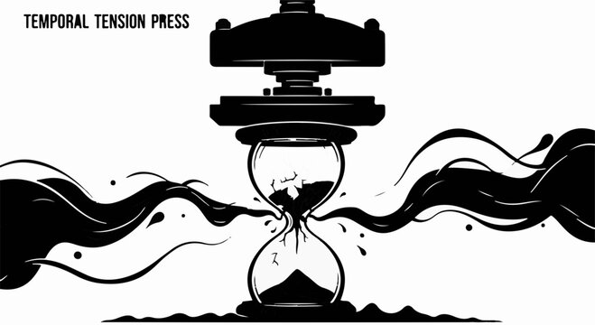 Hourglass under immense pressure, sand escaping as dark ink splatters, symbolizing time running out.