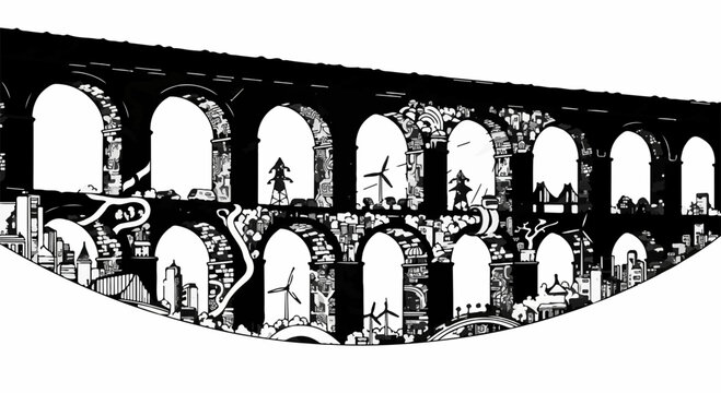 Whimsical illustration of a fantastical, multi-layered aqueduct filled with tiny worlds and wind turbines.