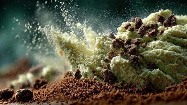 Pistachio Ice Cream With Chocolate Crumbs Macro Splash. Generative AI