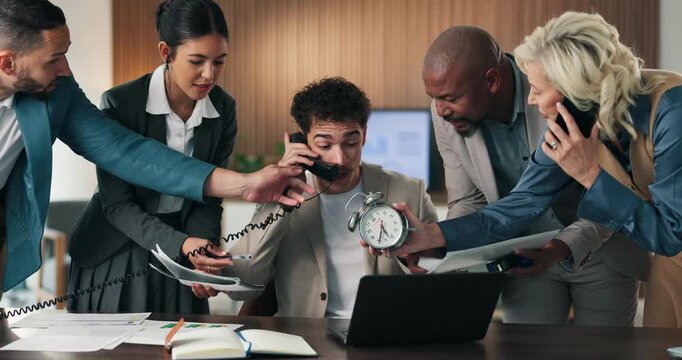 Business, team and man with crisis for phone call, deadline and multitasking in auditor office. Stress, overwhelmed and accountant with group, chaos and busy for schedule, agenda and time management