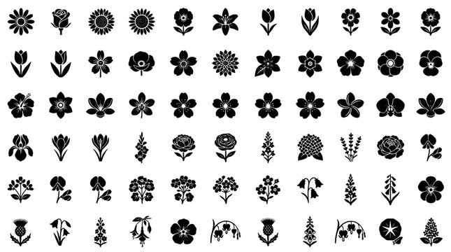 Flower icon silhouette pattern with vintage botanical rosettes and leaves, seamless vector stamp for craft and design