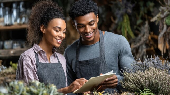 Smiling Florist Partners Reviewing Orders in Flower Shop. Generative AI