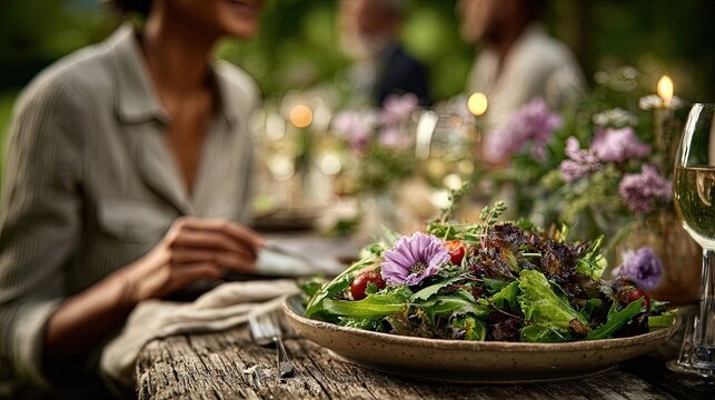 Fresh Garden Salad on Rustic Outdoor Dinner Table. Generative AI
