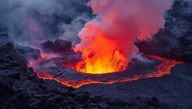 Erupting Volcano With Lava And Smoke