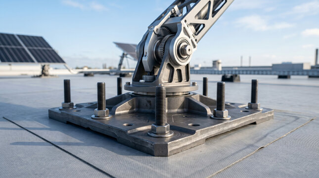 Close-up of metal base and bolts fixing industrial robotic arm on commercial rooftop under blue sky