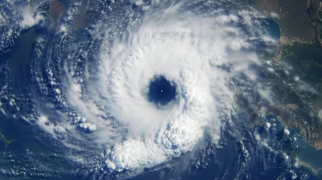 High-altitude aerial video of an immense tropical cyclone. Calm deep blue eye, spiraling white, grey, charcoal clouds, dark ocean. Concept of raw global weather power
