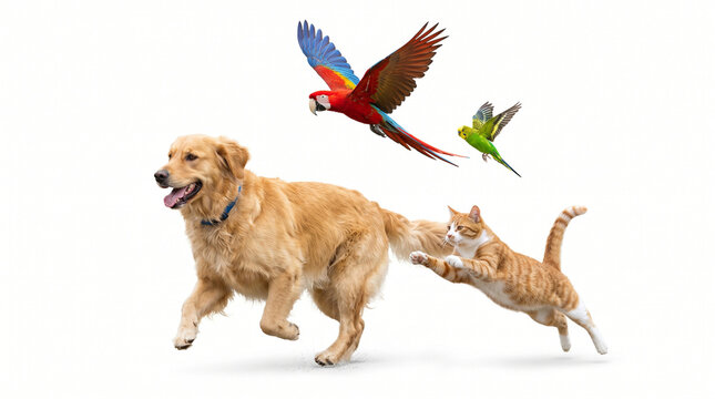 Joyful animal friendship featuring a cat and dog running and playing together on a white background, with a vibrant macaw parrot and a small budgerigar bird flying gracefully above them