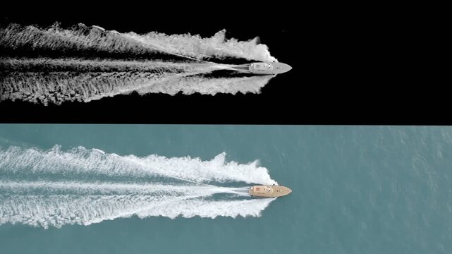 Aerial view of fast motor boat moving in water leaving white foam wake.  Water foam texture top down isolated black background 