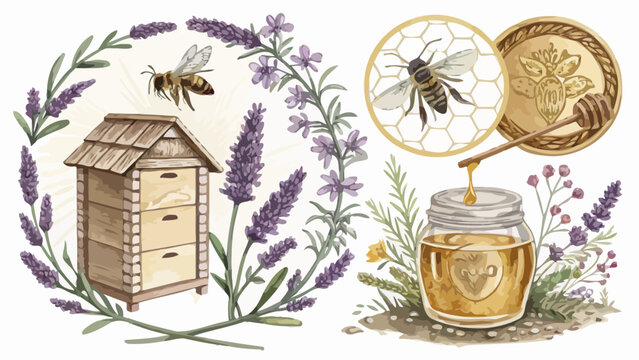 Honey bee hive surrounded by lavender flowers and a jar of honey with honey dipper honey production flat design lavender honeycomb beekeeping fragrance countryside illustration watercolor