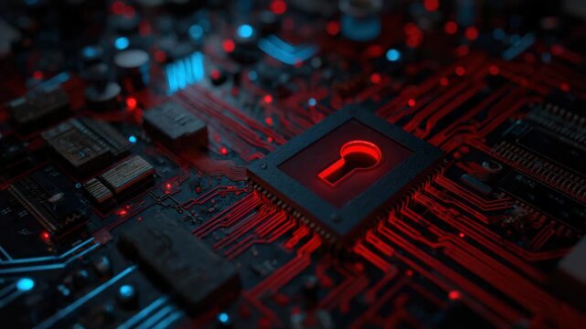 Cyber security lock on circuit board with glowing red and blue light, digital protection for data network, dark technology background with glowing lock symbol and data protection concept