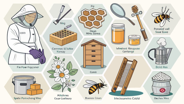 Beekeeper with protective suit and apiary items protective clothing beekeeper honeycomb lavender container illustration agriculture wildlife collection botanical