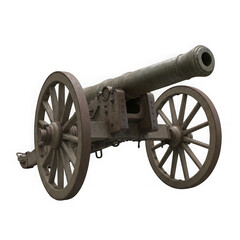 Fototapeta premium An old vintage metal military field cannon with large wooden wheels used during historical wars for heavy artillery