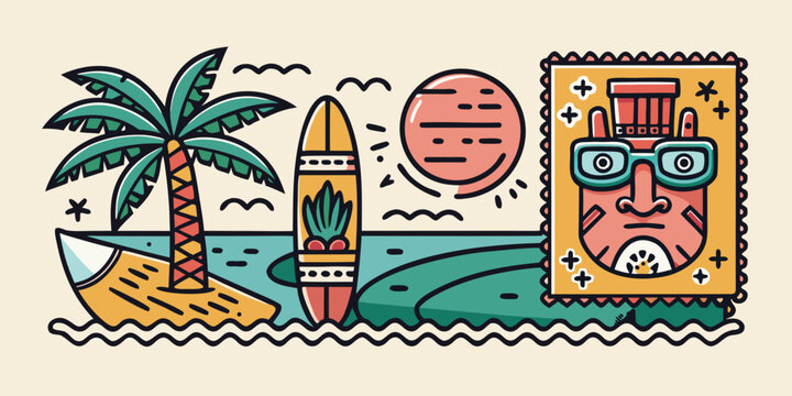Tiki mask surfboard palm tree on a tropical island with surfboard tropical illustration vacation paradise