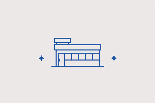 A dual-window retail shop facade line icon for consumer electronics store platforms and local service workshop listings. Vector illustration for business website templates and virtual marketplace 