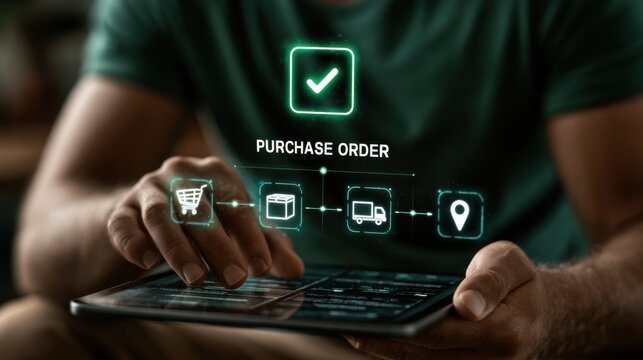 Person using a tablet to place a purchase order for goods while sitting at a table indoors during daylight hours