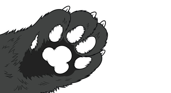 Close-up vector illustration of a black furry animal paw with white pads and sharp claws extended on a white background.
