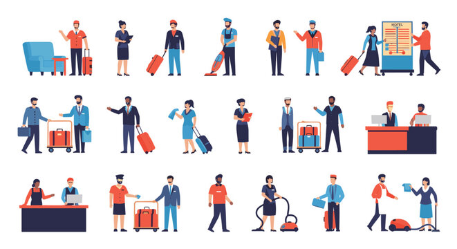 Set of various hotel staff members and guests interacting, depicting services like reception, cleaning, and luggage help.