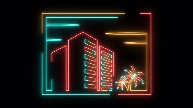 Neon Beach Resort Building Icon Animation Loop, Glowing Tropical Palm Cityscape on Transparent Background