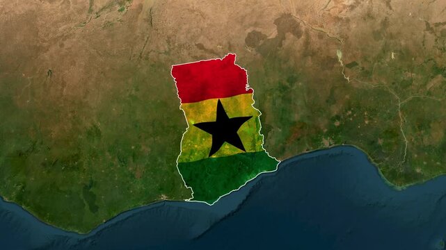 Ghana's national flag overlaid on a satellite map of the West African country