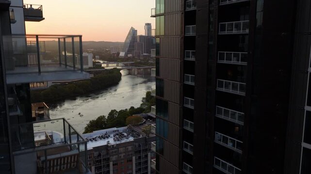 Aerial Drone Ascending Between Austin High-Rises Revealing Skyline at Sunset [Part 1 of 2]