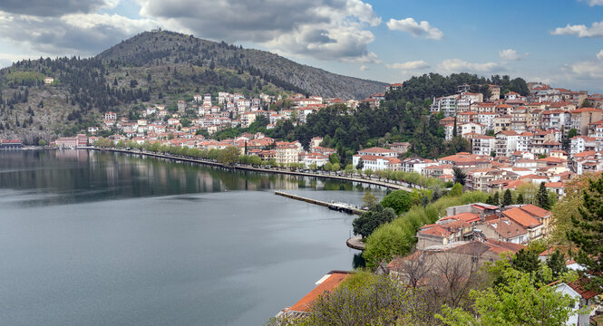 Panoramic view of Kastoria town and lake Orestiada, Greece