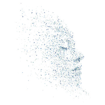 Vector abstract human face profile silhouette formed by blue pastel dot particles on transparent background for artificial intelligence neural network technology and digital psychology concept