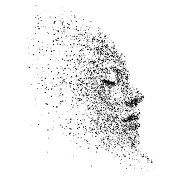 Vector abstract human face profile silhouette formed by black dot particles on transparent background for artificial intelligence neural network technology and digital psychology concept