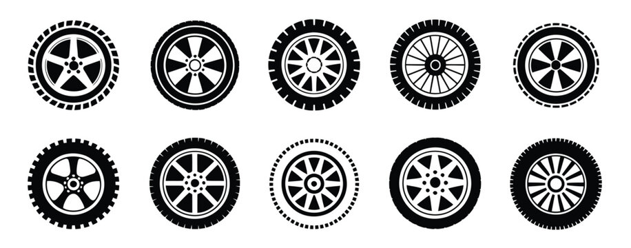 Black Rubber Wheel Tire Set Vector Illustration with Car Tire Tread Tracks, Motorcycle Racing Wheels, Dirty Road Marks and Automotive Maintenance Elements