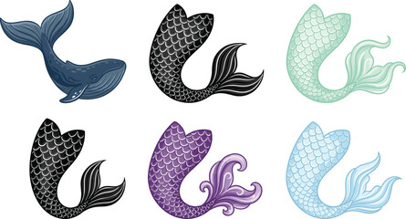 Decorative Mermaid Tail Vector Collection with Fantasy Ocean Creatures and Nautical Marine Illustrations © MdSumon