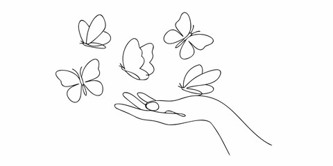 hand with butterflies line drawing on white background © Ruhidas