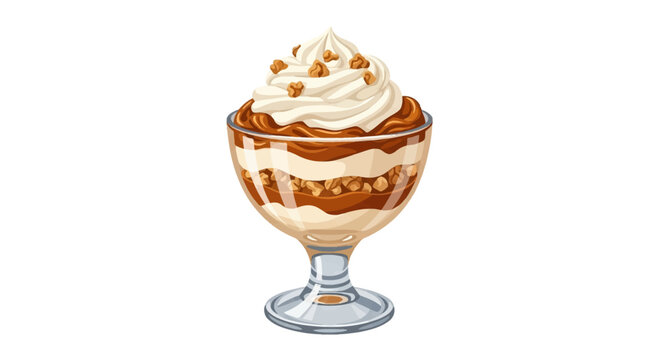 Vector illustration of a layered dessert parfait in a glass bowl featuring chocolate mousse, vanilla cream, and crunchy nut toppings, isolated on a plain white background.
