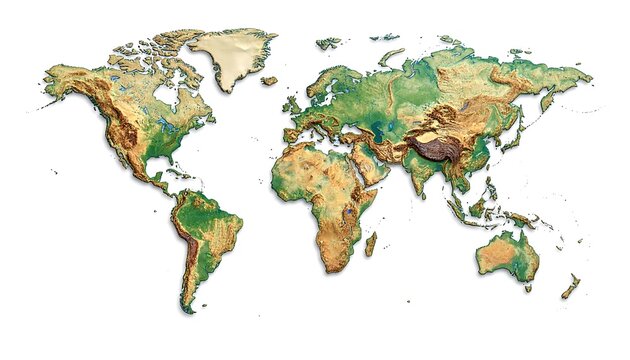 Topographic relief map of the Earth, showing varied elevations and landforms across continents and oceans, isolated on white
