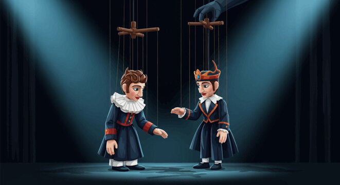 Dramatic vector illustration of two marionette puppets, a man with a ruff collar and a woman wearing a crown, controlled by strings on a theatrical stage with blue spotlights.