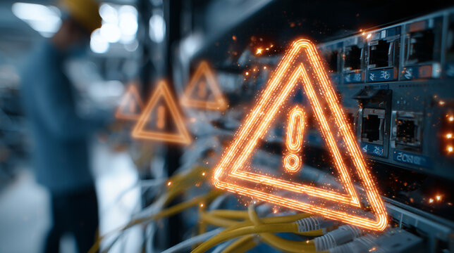 Close-up of Ethernet ports on network switch with glowing orange holographic warning icons and blurred technician