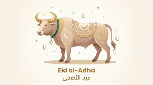 Stylized Eid al-Adha bull vector illustration with decorative saddle and crescent moon charm