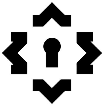 Black filled icon of backdoor strategy concept with keyhole and arrows on white background symbolizing secret access