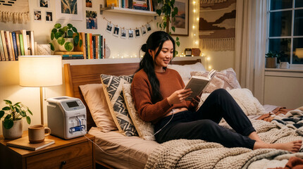 Obraz premium Young Asian Adult Reading Book in Cozy Home Environment
