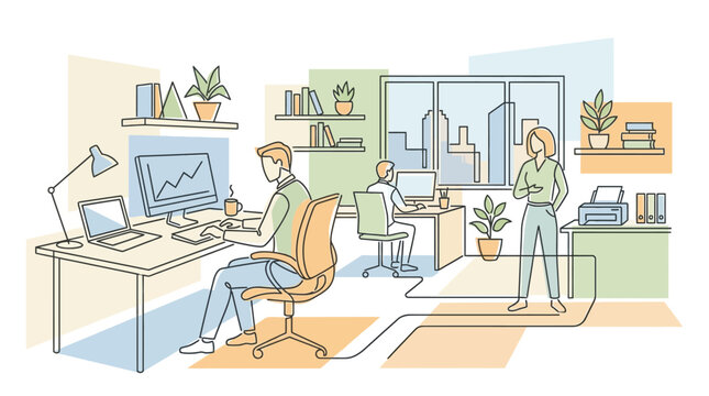 Modern Office Space: Illustration of Business People at Work