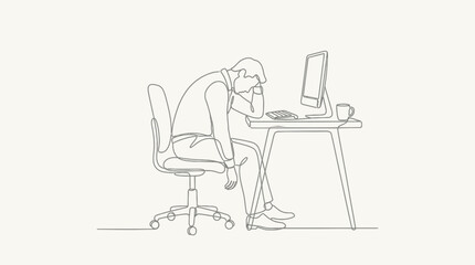 Fototapeta premium Tired Man at Desk: Minimalistic Line Art Illustration