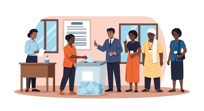Flat vector illustration of diverse African men and women participating in a democratic election, casting paper ballots into a transparent box at a polling station.