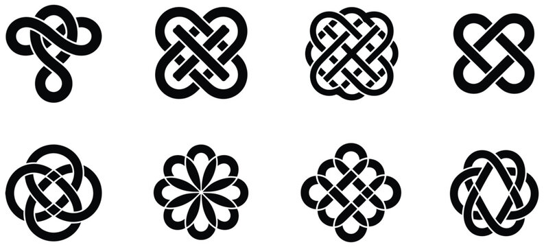 Tribal Knot Blue Color Icon Set Featuring Symmetrical Interlocking Loops, Decorative Geometric Patterns and Modern Vector Logo Illustrations