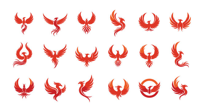 Large set of red phoenix and firebird logo designs showing mythical birds in various rising flying and flaming artistic poses.
