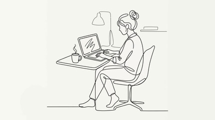 Fototapeta premium Continuous Line Art: Woman Working on Laptop at Desk