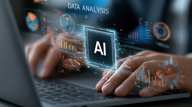 Hands work on laptop with data analysis and AI graphics displayed on screen at a modern workspace during daytime