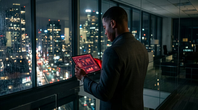 East African Businessman Consulting Financial Charts on Portable Displayed Device Overlooking City Skyline at Night